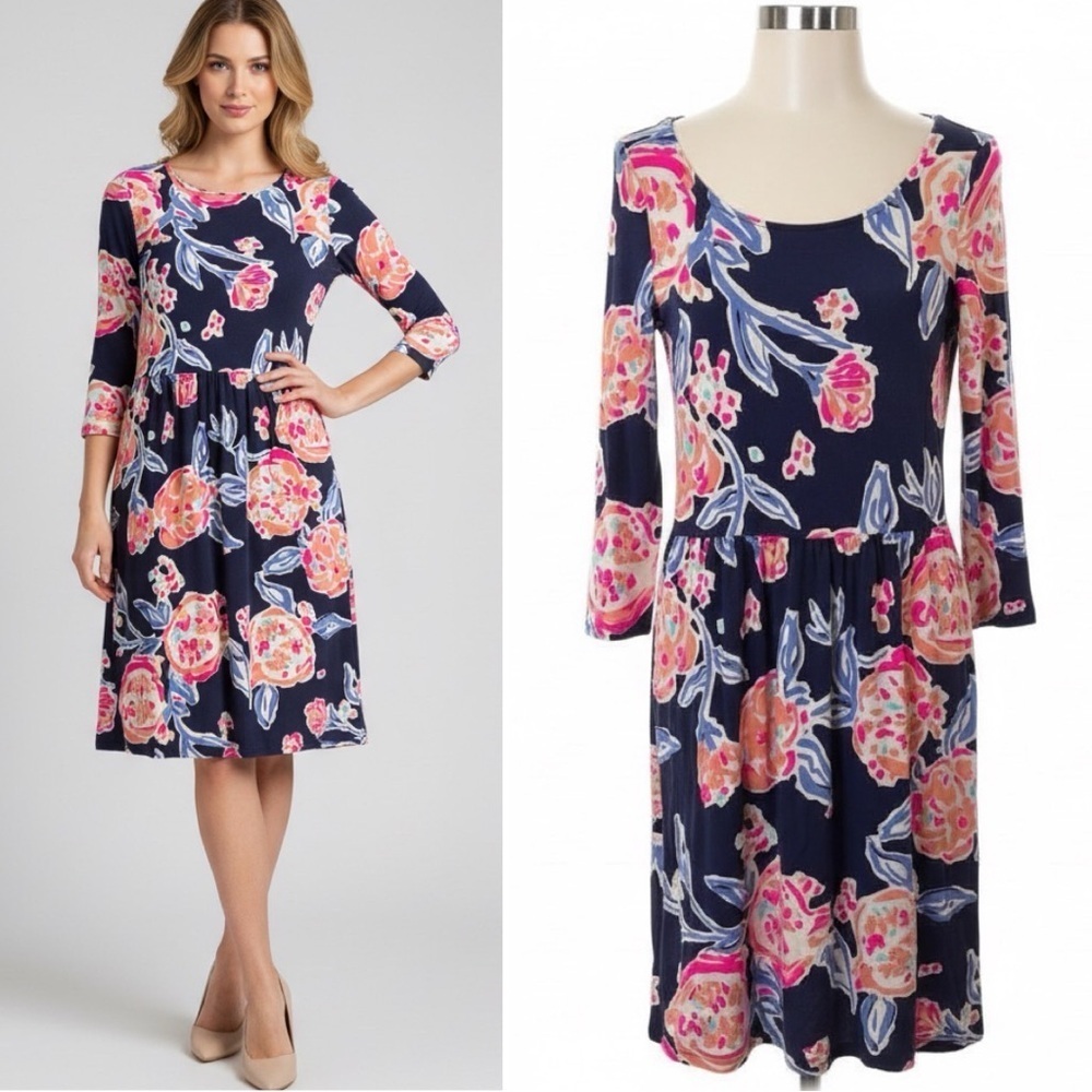 532 Lilly Pulitzer | EUC Peru 100% cotton Navy Floral 3/4 Sleeve Dress (size M) - Picture 1 of 11